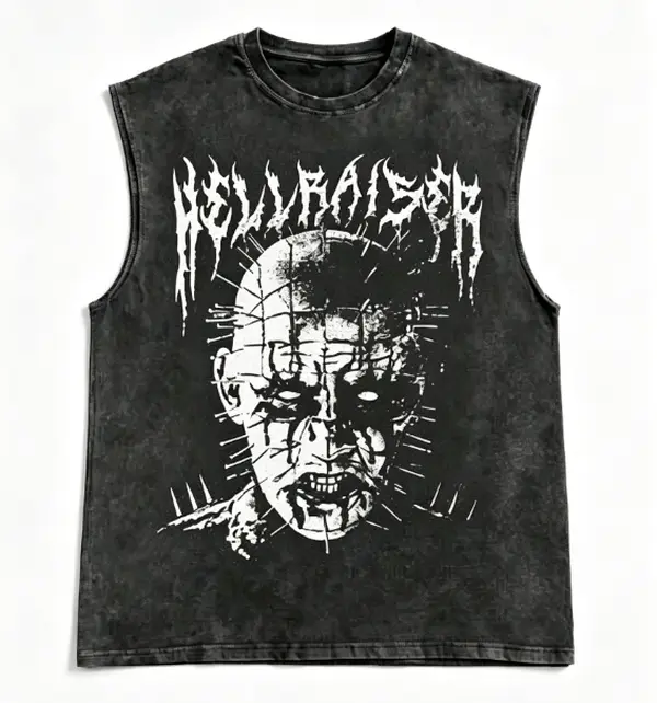 Vintage Acid Wash Sleeveless Tank Top, Hellraiser Pinhead Classic Horror Movie Graphic Vest, Nail Head Demon Distressed Print Death Metal Jagged Font Oversized Goth Punk Streetwear Gym Tank