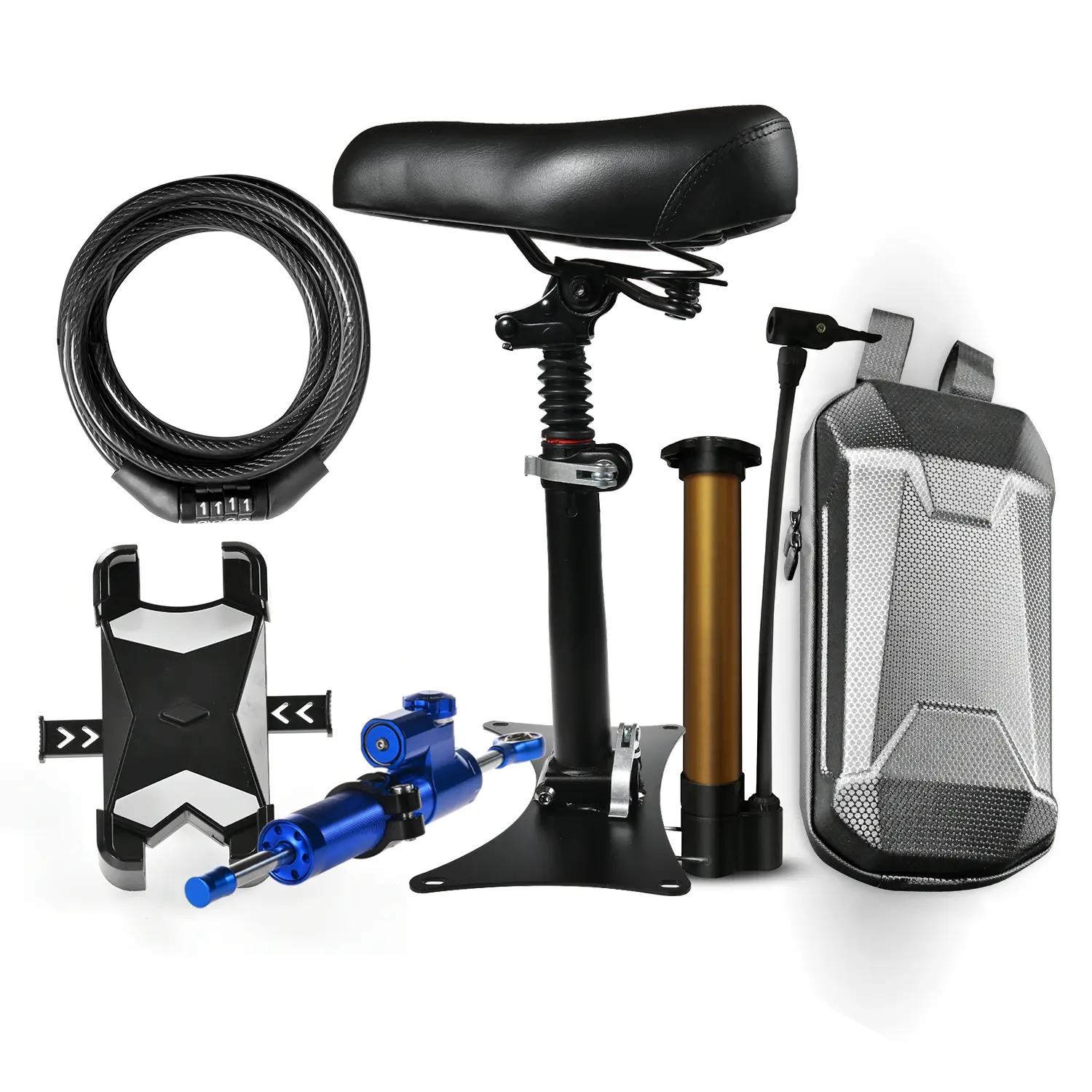 RD2 Electric Skateboard Accessory Bundle: Seat, Dampener, Hanging Bag, Phone Holder, Password Lock, Air Pump, Scooter Accessories.