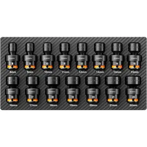 Crosstar 15-Piece Swivel Socket Set - 3/8" Drive Universal Impact Sockets (8-22mm) Metric, 6-Point CR-MO Steel, EVA Foam Organizer | Flexible Wobble Design for Tight Spaces