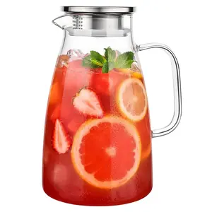 2L Glass Pitcher with Lid, High Borosilicate Glass Beverage Jug, Ideal for Iced Tea, Fruit Tea, Cold Drinks, Dishwasher Safe