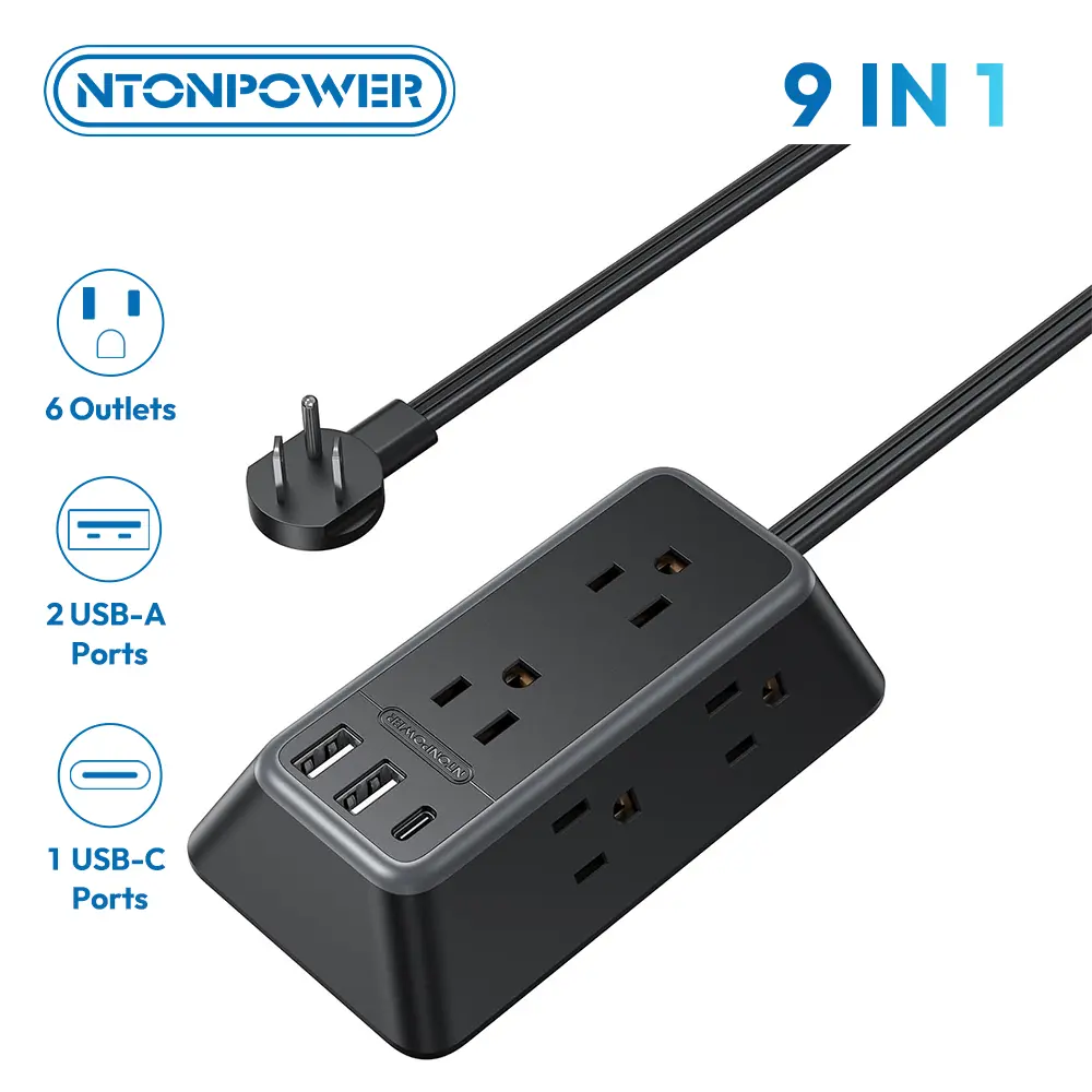 NTONPOWER 10FT Black Extension Cord, Power Strip with 6 Outlets & 3 USB Ports (1USB C), 3 Side Outlet Extender, Wall Mounted Extension Cord for Home Office Living Room