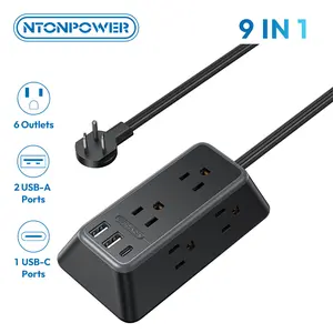 NTONPOWER 10FT Black Extension Cord, Power Strip with 6 Outlets & 3 USB Ports (1USB C), 3 Side Outlet Extender, Wall Mounted Extension Cord for Home Office Living Room summergarden