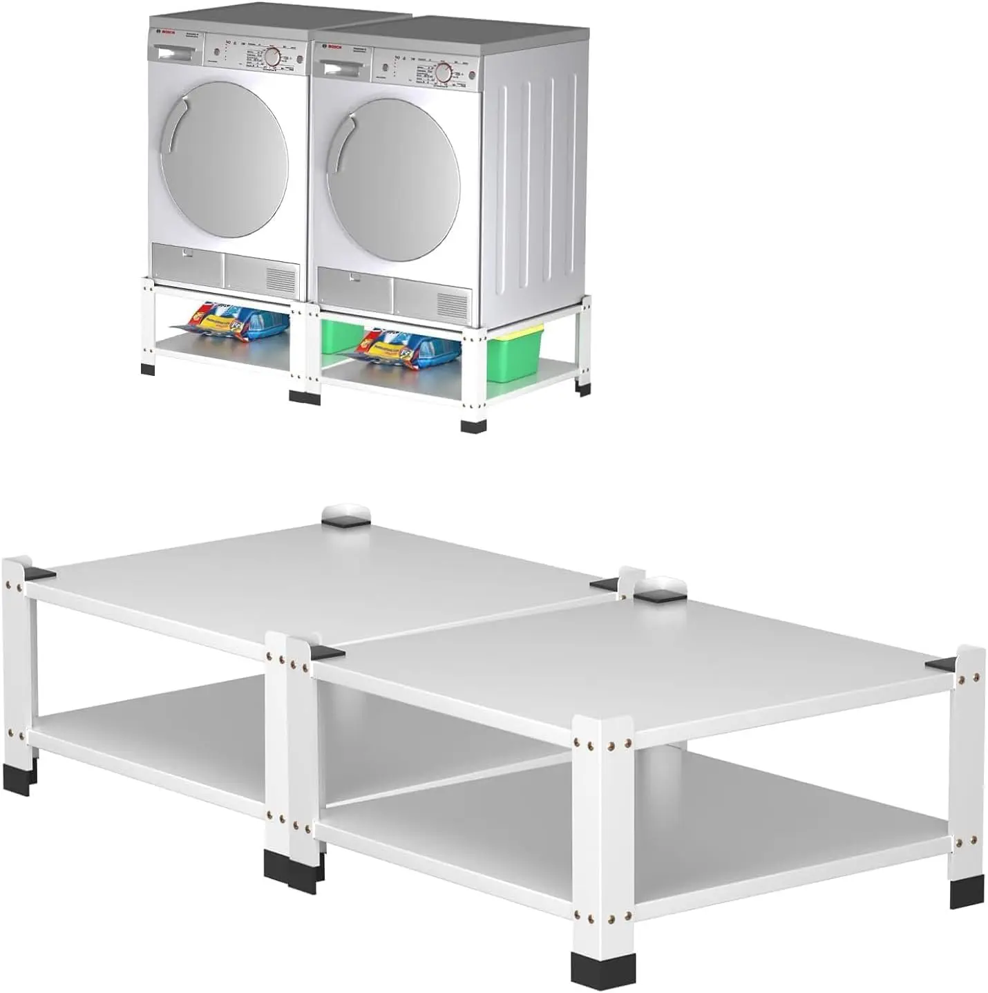 Garvee Heavy Duty Washer and Dryer Pedestals with Storage Shelf, 2 Pack Steel Riser, 800LB Capacity, Global Laundry Organizer Stand, Multi-Functional Tool Storage Rack, Easy to Assemble, White Color