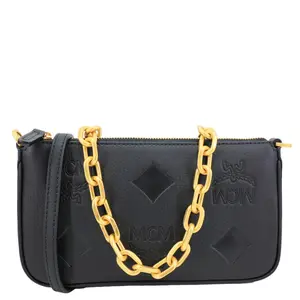 Pre-owned MCM Leather Crossbody Bags Aren Embossed Maxi Monogram Chain Crossbody Bag Black