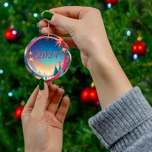 Twinkling Night 2024 Ceramic Ornament for Christmas - Glossy Finish, Decorative Circle, Pack of 5 Ornaments