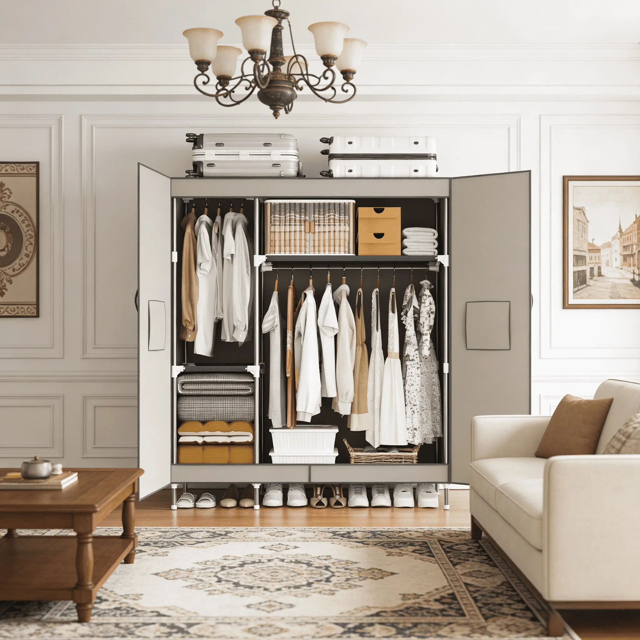 Portable Wardrobe Closet, 49.2-Inch Portable Wardrobe, With Double Doors On The Door Panel, Equipped With 1 Long Hanging Rod Steel Frame, Fabric Storage Box, Easy To Assemble And Dust-Proof Design