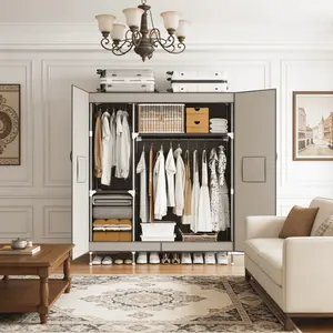 Portable Wardrobe Closet, 49.2-Inch Portable Wardrobe, With Double Doors On The Door Panel, Equipped With 1 Long Hanging Rod Steel Frame, Fabric Storage Box, Easy To Assemble And Dust-Proof Design