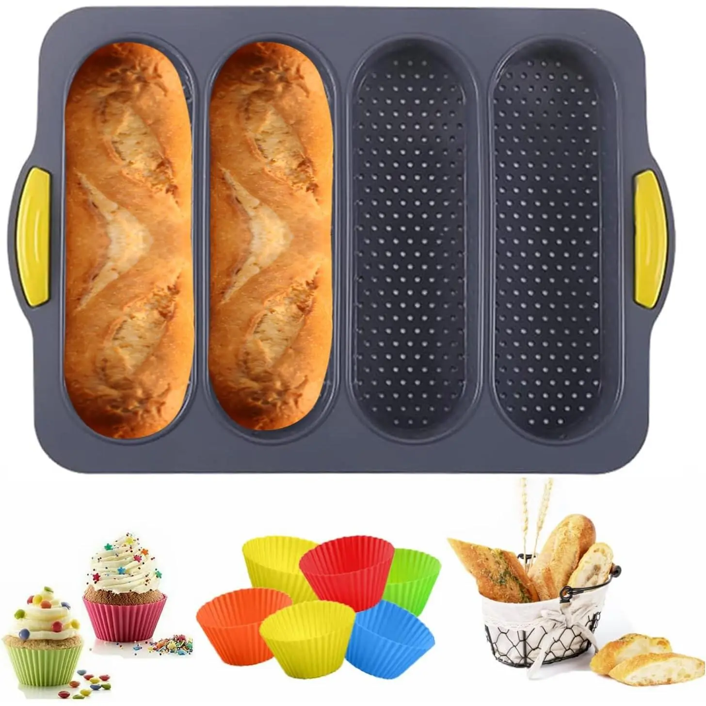 Bread Loaf Pan,Sub Bread Roll Pans, Baguette Mold, Sourdough Bread Pan,Non-Stick Sub Sandwich Loaf Pans,Hot  Buns With 6 Muffin Cups for Homemade Bread