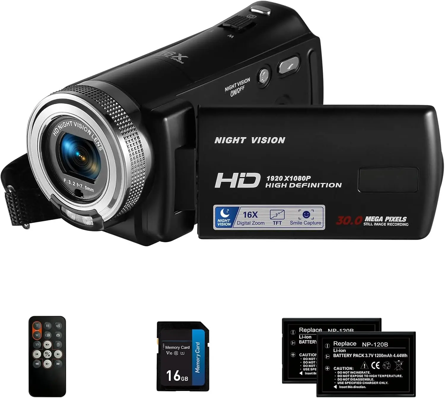 HDV-V12 Compact Digital Video Camera Recorder, 1080P Recording Camcorder with Night Vision, 16G Memory Card, Tripod, and 2 Screens