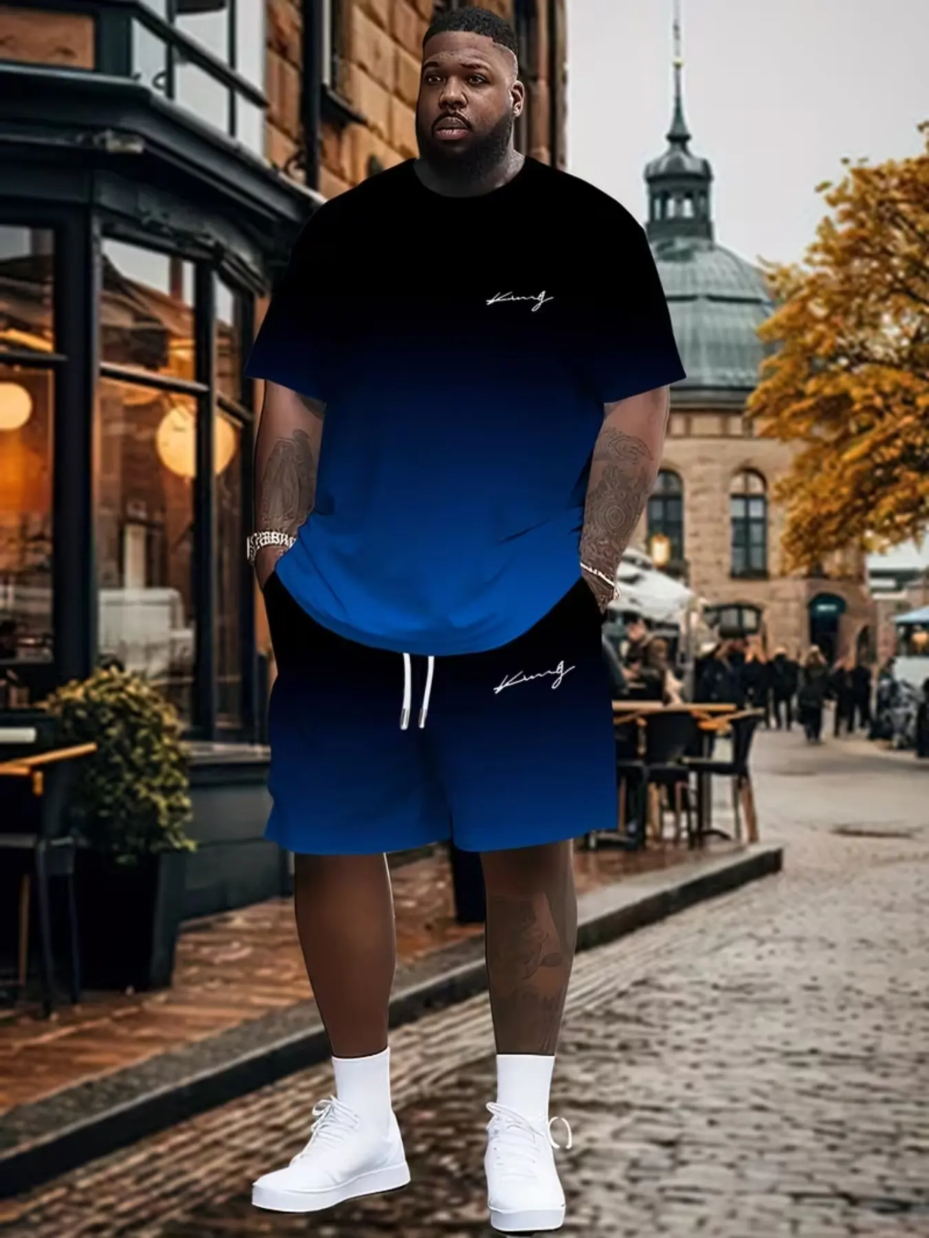 Men's Plus Size King Print Fashion T-Shirt Shorts Set, Comfortable Polyester Blend, Casual Home Wear, Party, Loose Fit