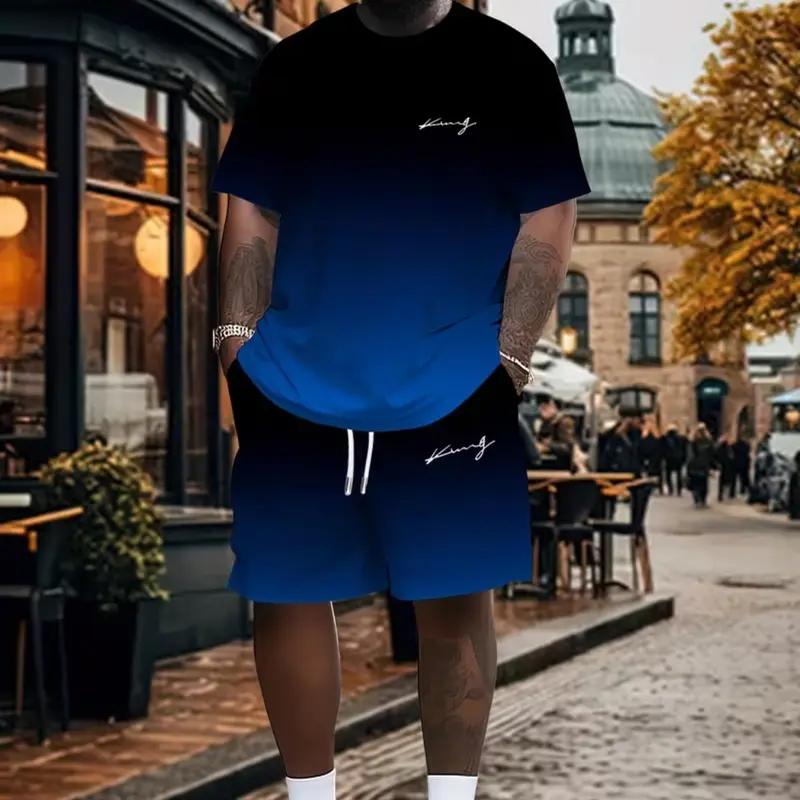 Men's Plus Size King Print Fashion T-Shirt Shorts Set, Comfortable Polyester Blend, Casual Home Wear, Party, Loose Fit