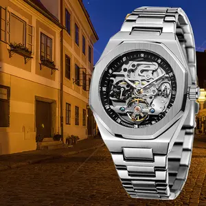 Round Dial Men's Mechanical Watch Stainless Steel Strap Waterproof Luminous Handsome Mechanical Men's Skeleton Watch Men's Automatic Mechanical Watch with Box Daily Clothing Decoration as Birthday Gift