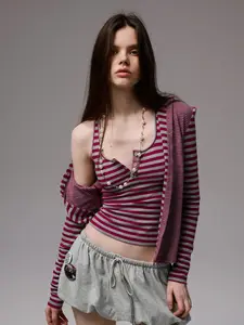 Women's Reversible Striped Tank Top Cropped V-Neck – Patchwork Racerback Knit, Cotton Blend, Pink