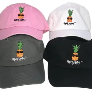 Unisex Embroidered Pineapple Hat with Adjustable Buckle Strap, 100% Cotton, One Size Fits All, Curved Brim with Stitched Grommets