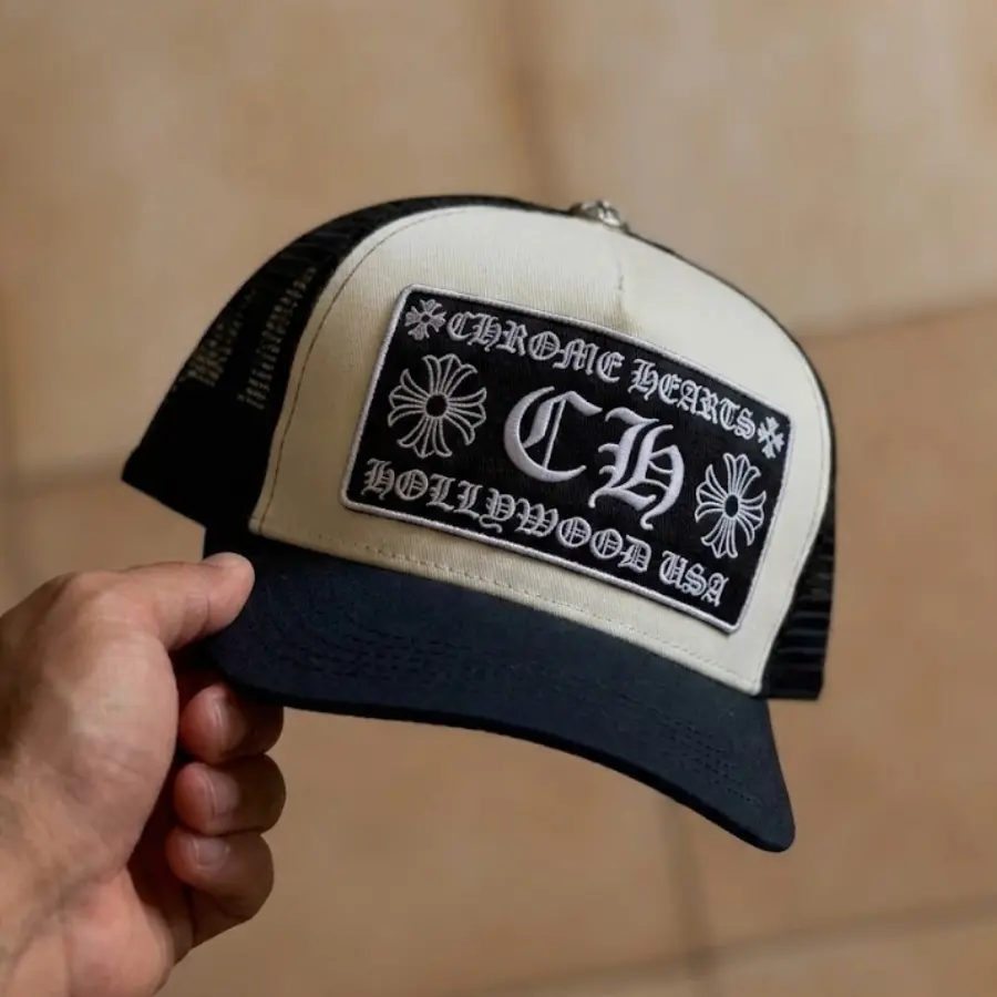 Chrome Hearts Trucker Hat Black White Mesh Cap Gothic Cross Patch Snapback