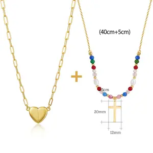 2 pcs 14K Gold-Plated Heart & Cross Magnetic Pendant Necklace — Fade-Resistant, Stylish Women's Clavicle Chain. A Heartfelt Selection for Parties and the Perfect Gift Choice for Mother's Day. summervibes tarnish proof jewelry stainless steel