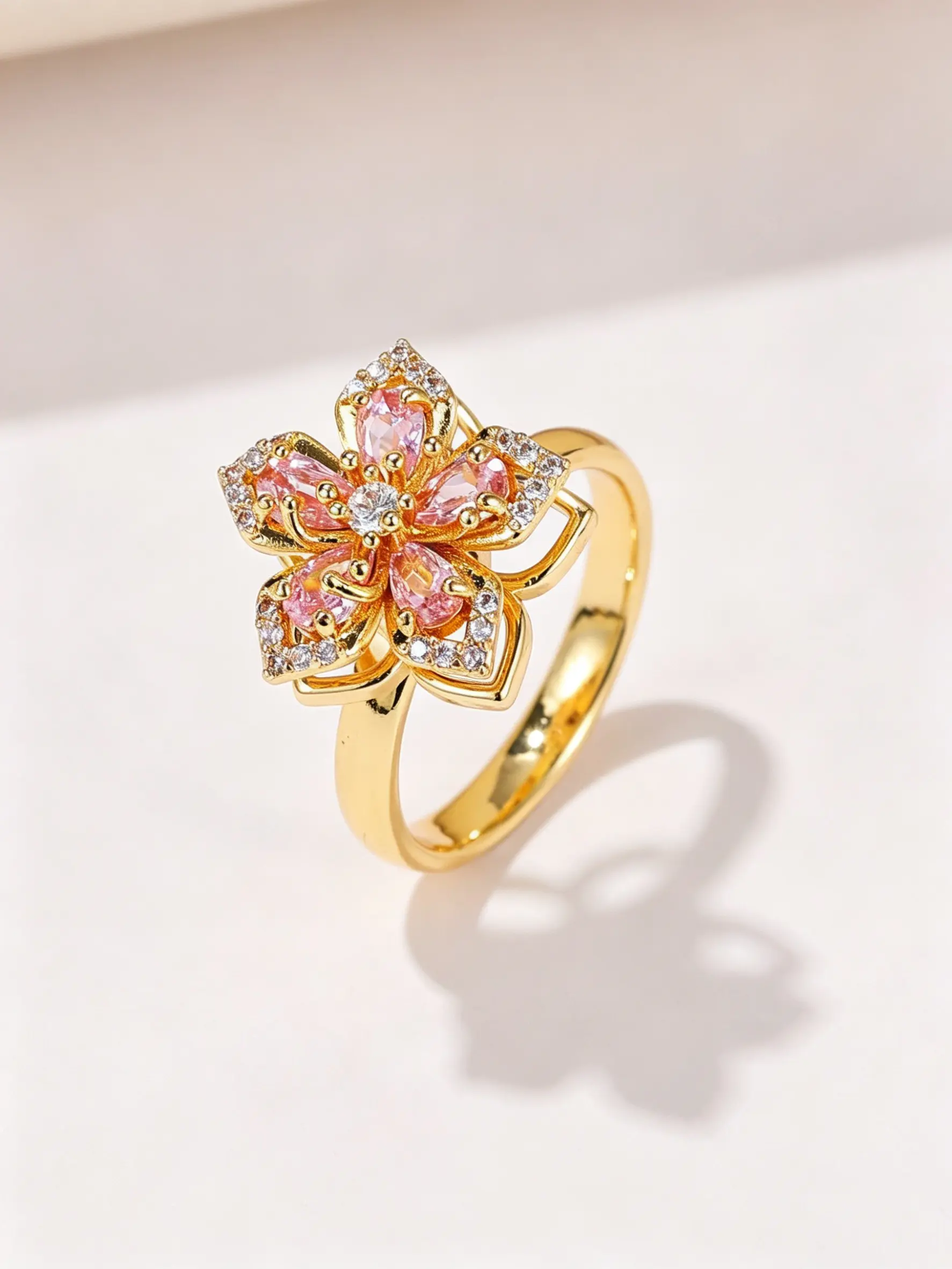 Women's Sunflower Fidget Ring, Crystal Ring, Adjustable Cubic Zirconia Sunflower Open Finger Spinner, Anxiety Relief Gift