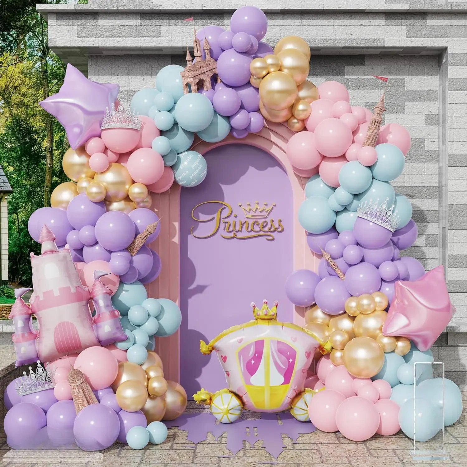 Princess Balloon Garland Arch, 154 count Pastel Blue  Purple  Balloons with Castle Carriage  Foil Balloons for Girls Princess Rainbow  Shower Birthday Fairytales Party Decortion