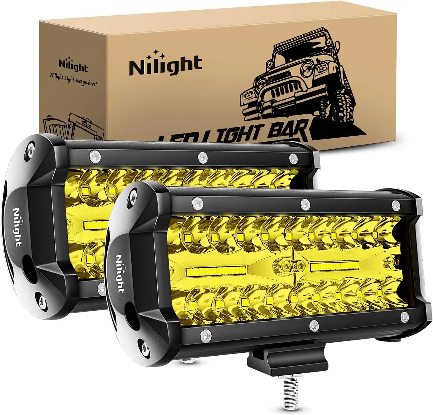 Nilight 2Pcs 6.5In 120W Power LED Pod Set, Yellow Flood-Spot Combo Triple Row Aluminum Lightbar with 10 Cooling Fans, Heat Dissipation, Shock & Vibration Resistance, -40~85°F, Universal Fit for Pickup Trucks, Night Driving, Driving Light Strip