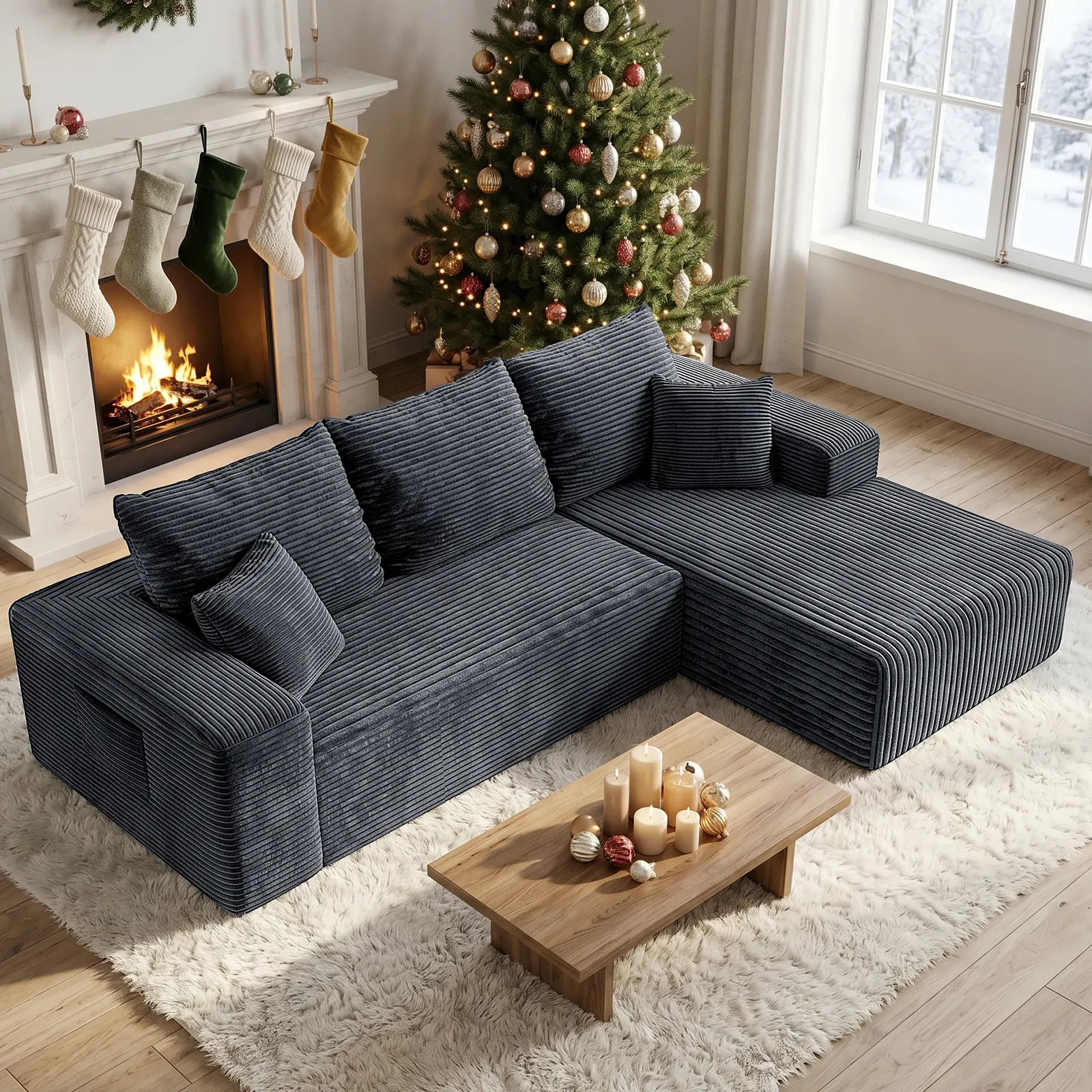 【Summer Wins】Oneroom 103" Modular Corduroy Sectional Couch, Boneless Pure Sponge L-Shaped Sofa Bed for Living Room & Apartment, 2 Packages Shipping, with Deep Chaise & Side Pocket & 2 Pillows, No Assembly Required Cloud Sofa，a cloud couch，couches