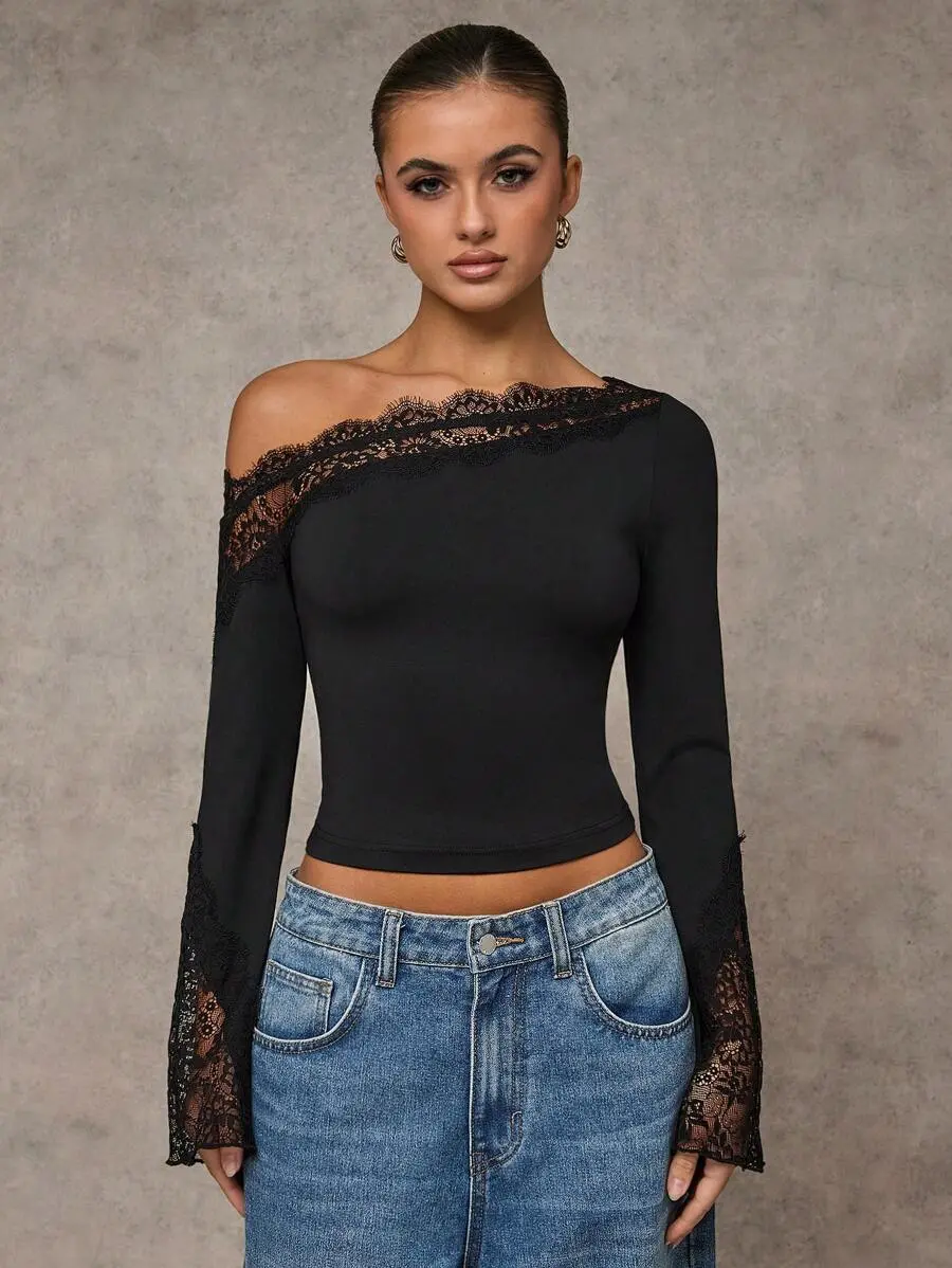 Women's Black Elegant Asymmetric Neck Lace Splice Flared Sleeve Fitted T-Shirt,Autumn Night Out Clothes for Dates,Holiday Parties,Valentine's Day