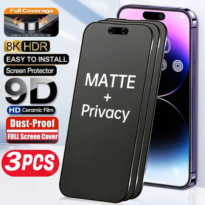 3-Pack Matte Privacy Tempered Glass Film, 9H Hardness Anti-Peep Anti-Fingerprint Full Edge Wrapped Tempered Glass Protector Compatible with Phone Cases, fits iPhone 11 12 13 14 15 16 17 Pro Max, 17 Air, 16 15 14 Plus, 12 13 Mini