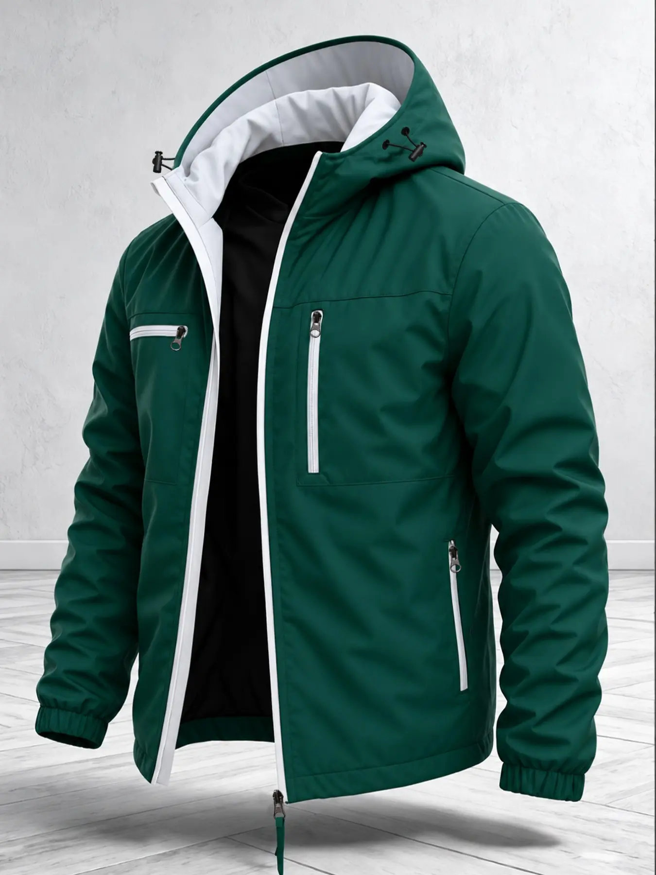Men's Lightweight Hooded Casual Jacket, Coats, Activewear, Athletic, Waterproof Breathable Fabric, Patchwork Design, Adjustable Hood, Zipper, Long Sleeve, All Seasons