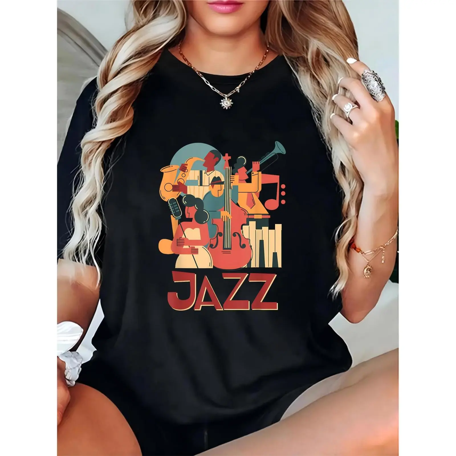 Women's Black Jazz Music T - Shirt Colorful Musical Instruments, Musicians & "JAZZ" Graphic Casual Tee for Jazz Festivals, Concerts, Daily Wear - Jazz Lovers & Music Fans 100% Cotton T-shirt