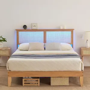 Rattan Bed Frame with LED Lights & Natural Rattan Headboard, Solid Wood Foundation with Silent Slats, Platform Full Size Bed Frame, Noise-Free, Easy Assembly