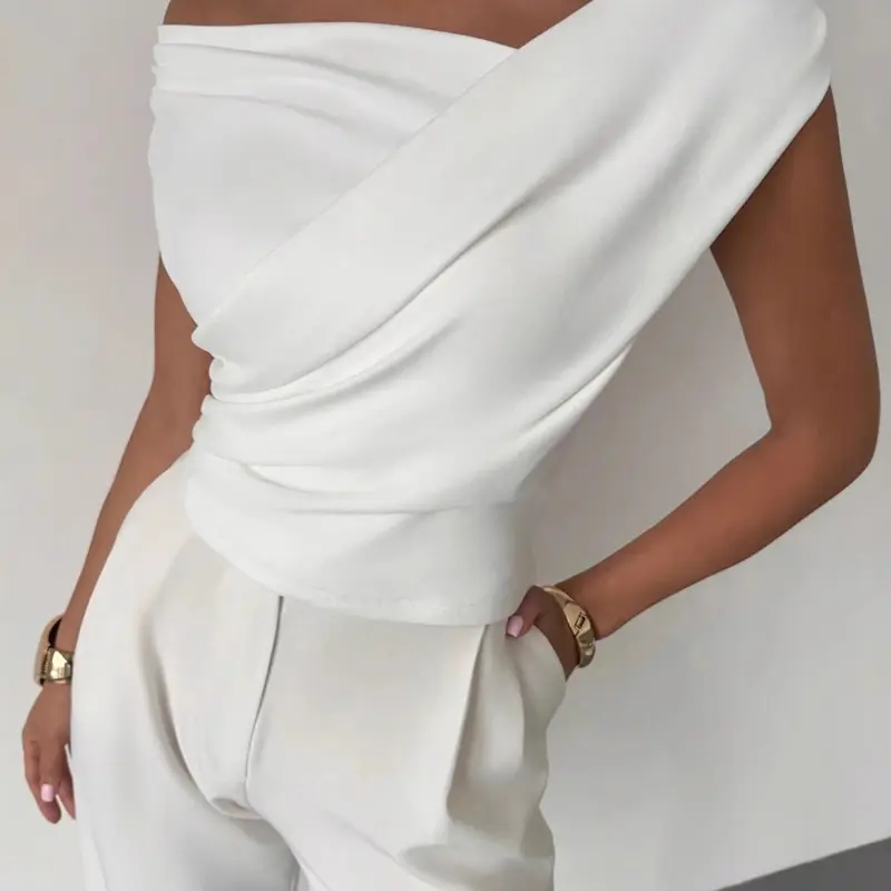 Women's Solid Color One-Shoulder Sleeveless Basic T-Shirt, Simple Crossed Shoulder Slim Fit Short Top, Summer Casual Wear, Chic Casual Top, Body Hugging Tops