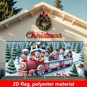 2D Flat 1count Large Christmas Party Garage Door Decoration, 180x400cm Garage Banner, Merry Christmas Snow Train, Snowman Pattern Garage Door Banner, Polyester Christmas Large Party Banner, Christmas Party Photo Booth Props, Party Decorations Banners
