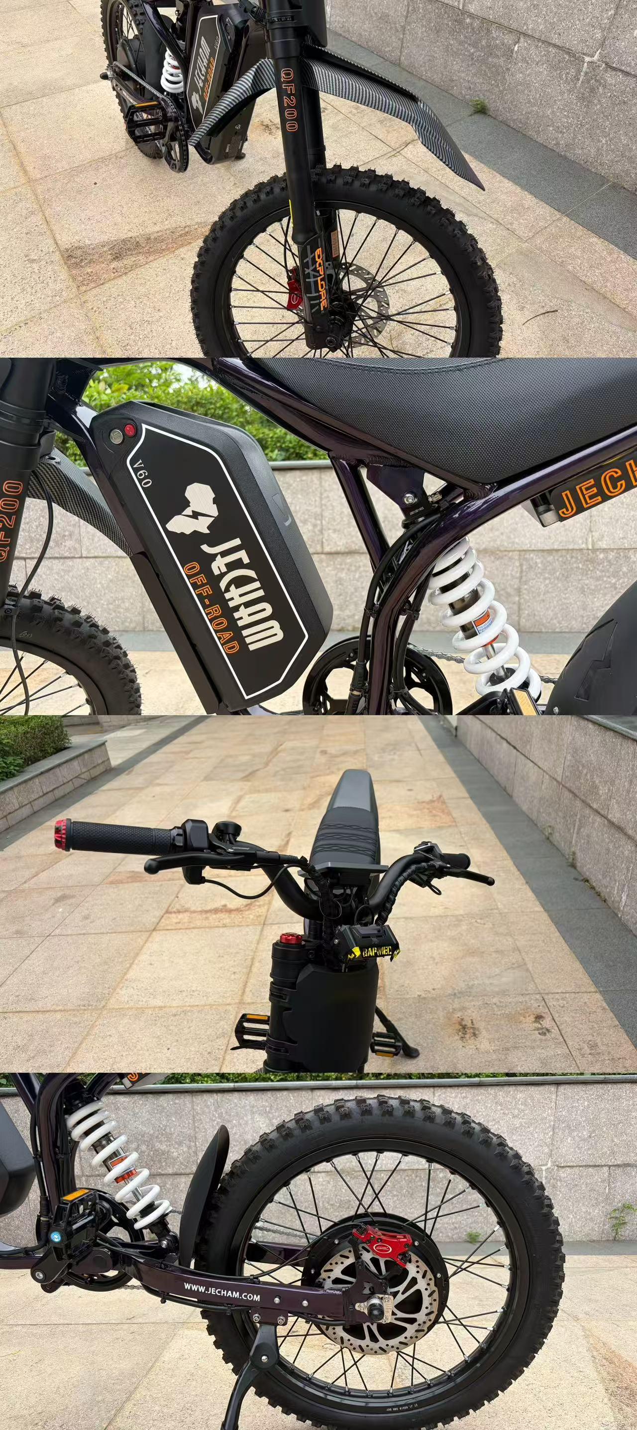 QF200 Pro Electric bicycle: 3000W motor, 60V 32Ah battery, top speed up to 50 km/h, 19-inch wide tires. Equipped with LCD display, NFC unlocking function, supports three-speed gearing and shock absorption.