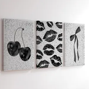 3Pcs/Set Wooden Framed Black White Retro Cherry Canvas Poster, Coquette Bow Wall Art, Aesthetic Design, Preppy Decor, Vintage Decor, Lips Kiss Prints, Artwork Wall Painting For Gift, Dark Aesthetic, Art Wall Decoration, Wall Decor For Home, Ready To Hang