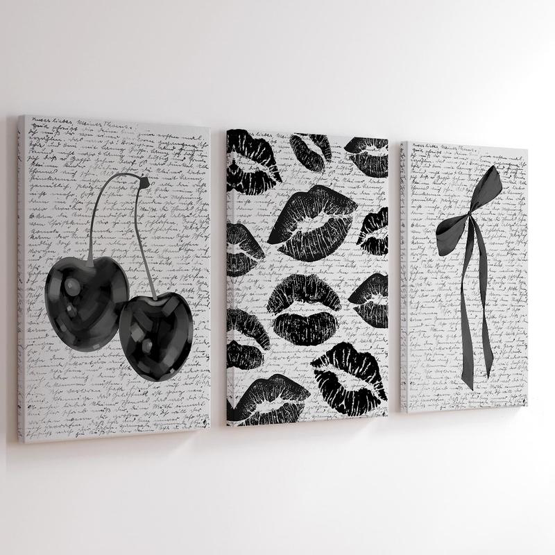 3Pcs/Set Wooden Framed Black White Retro Cherry Canvas Poster, Coquette Bow Trendy Wall Art, Aesthetic Design, Preppy Decor, Lips Kiss Prints, Artwork Wall Painting For Gift, Dark Aesthetic, Wall Decor For Bedroom, Living Room, Ready To Hang