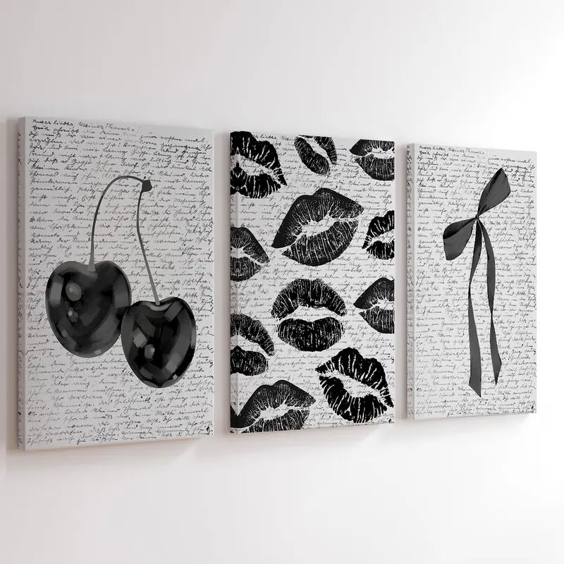3Pcs/Set Wooden Framed Black White Retro Cherry Canvas Poster, Coquette Bow Trendy Wall Art, Aesthetic Design, Preppy Decor, Lips Kiss Prints, Artwork Wall Painting For Gift, Dark Aesthetic, Wall Decor For Bedroom, Living Room, Ready To Hang