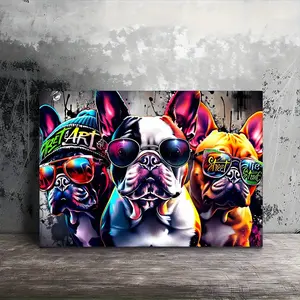 2D Flat 1pc Funky French Bulldogs in Fashion Glasses Canvas Art Print - 11.8x15.7" Wooden Framed Wall Decor, Ready to Hang, Vibrant Colors for Living Room, Bedroom, Kitchen - Ideal Gift for Home Decoration, Playful Dog Design|Framed Canvas Art, Dog Decor