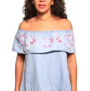 Shoulder Top With Embroider Y (  Denim Blue  )  Small