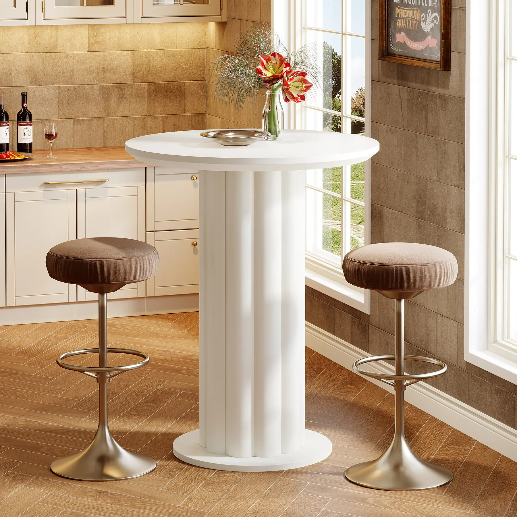 LITTLE TREE 39" H Bar Table with Roman Pillar Base, Wood Dining High Top Kitchen Breakfast Table, Home Counter Height Bistro Pub Table, for Coffee Cocktail Living Room, Small Space