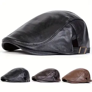 Unisex Solid Color Thick Pu Leather Forward Cap Duckbill Cap Outdoor Adjustable Warmth Sunscreen Casual Hat Suitable for Autumn Winter Travel