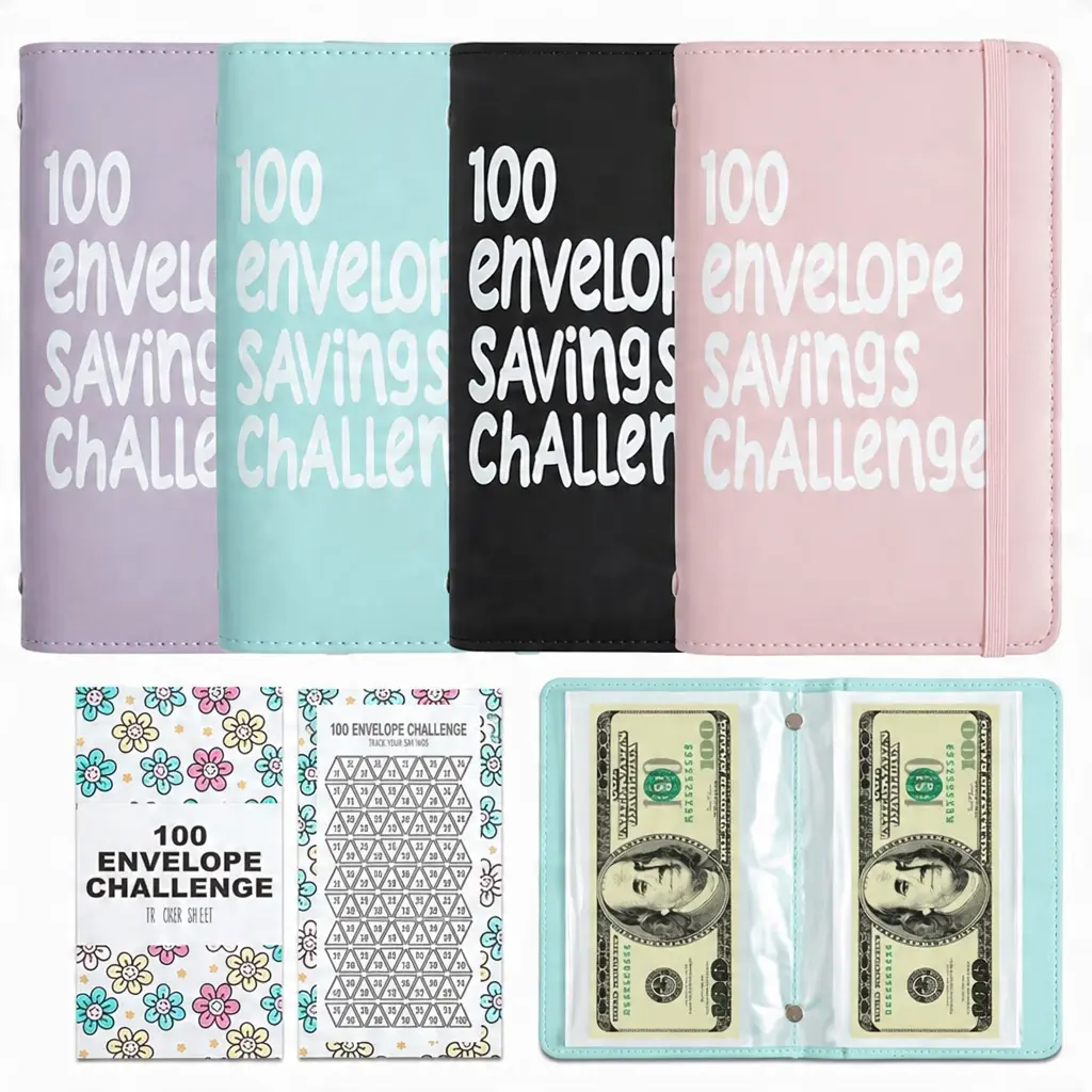 100 Day Money Saving Challenge Binder, 100 Envelopes Budget Planner with Cash Envelopes, Savings Tracker Book for $5,050 Challenge, PU Leather Budget Organizer for Financial Habit Building