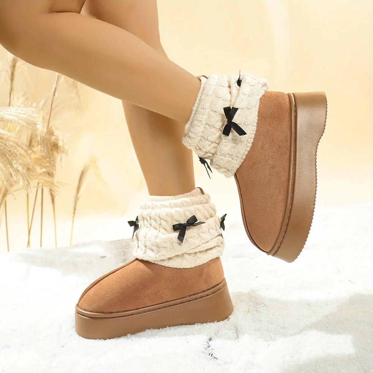 Women's Winter Thermal Thick-Sole Round-Toe Moccasin-Style Boots - Plush Faux Fur-Like Texture & Lacing System, Soft Fabric Upper & Rubber Sole, Beige/ Color, Beige/ Accent - Warm Winter Shoes for Snow & Ice, Casual & Semi-Formal Use, Cozy Winter Boots wi
