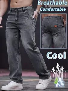 Men's Loose Fit Straight Leg Jeans, Breathable Cool Casual Denim Jeans, Spring Summer Fashion, All-Season Wear, Stylish Plain Design, Trouser