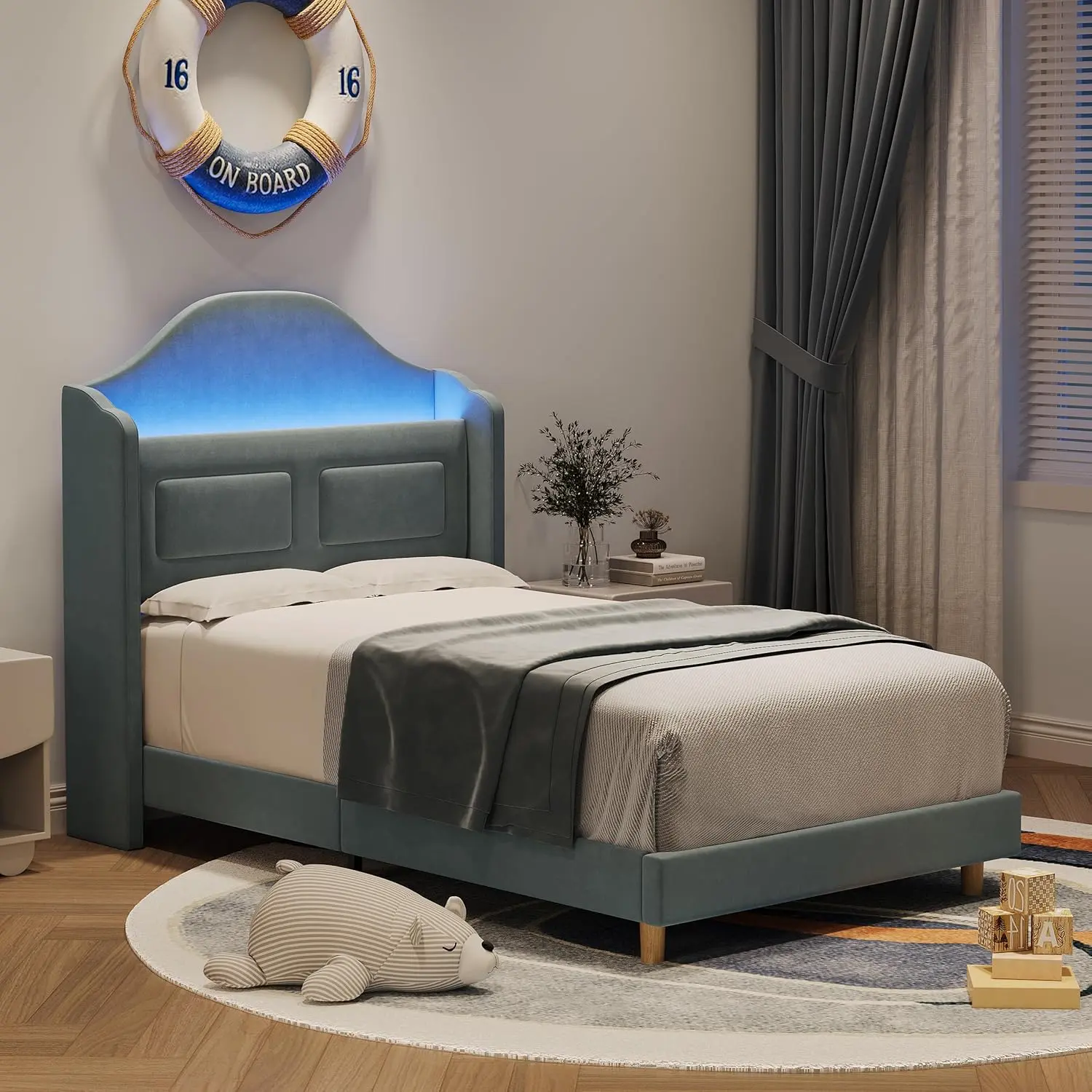 Gaomon Twin Velvet Upholstered Modern Wings Back Platform Storage Bed Frame - Blue LED Lighting, 10-Min Easy Set Up, Silent Wooden Slats, Secret Storage, Sturdy Design, No Box Spring Needed