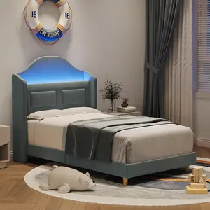Gaomon Twin Velvet Bed with Blue LED Frame, Stylish Throne Back, Secret Storage, 10-Min Setup, Quiet Wooden Slats, No Box Spring Needed, Sturdy Durable Design, Enchanting Indoor Ambiance