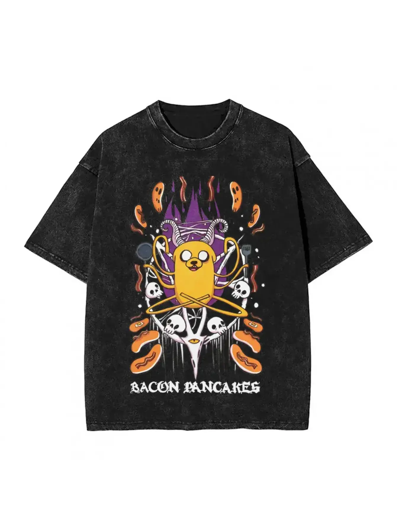 Men's Adventure Time Bacon Pancakes Graphic Tee - Vintage Washed Black Cotton Short-Sleeve Crew Neck Baggy Casual Top, Distressed Detail Loose Fitting Menswear Streetwear Lounge Shirt