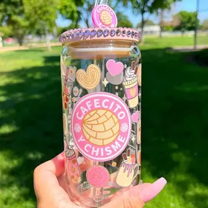 Libbey Glass Cafecito y Chisme Cup - Decorative Design with Heart and Candy Graphics, Ideal for Drinkware and Bottles