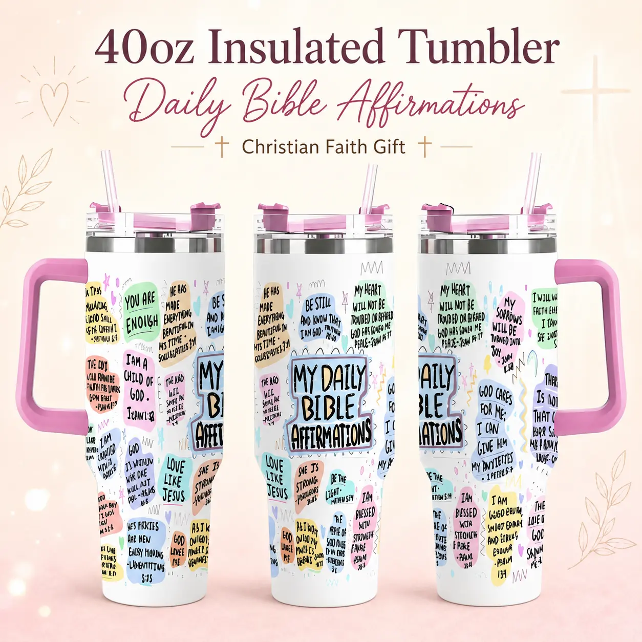 Daily Bible Affirmations Tumbler 40oz, Christian 20oz Stainless Steel Cup Inspirational Church Gift Scripture Travel Tumbler Faith Drinkware, God Faith Jesus Religious Scripture Inspirational Cup Mug