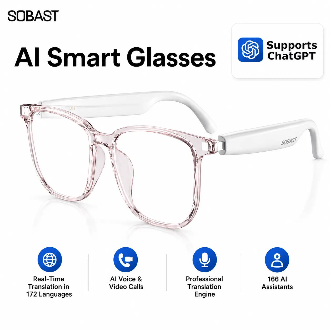 High-End AI Smart Wearable Glasses, 172-Language Real-Time Translation, 166 AI Assistants, Open-Ear HD Audio, Bluetooth Calls, Hands-Free Music, Lightweight Comfort,  for Daily Wear & Travel, Father’s Day Gift father ideal
