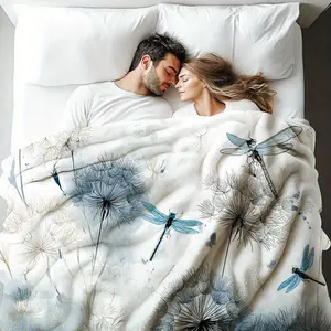 1Pc Stylish Dragonflies And Dandelions Print Flannel Blanket - Ultra-Soft, All-Season, Great For Gifting Or Home Decor