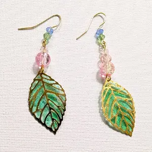 ByMalarie Handmade Green Gold Leaf Resin Earrings with Glass Beads Dangle Earrings for Women